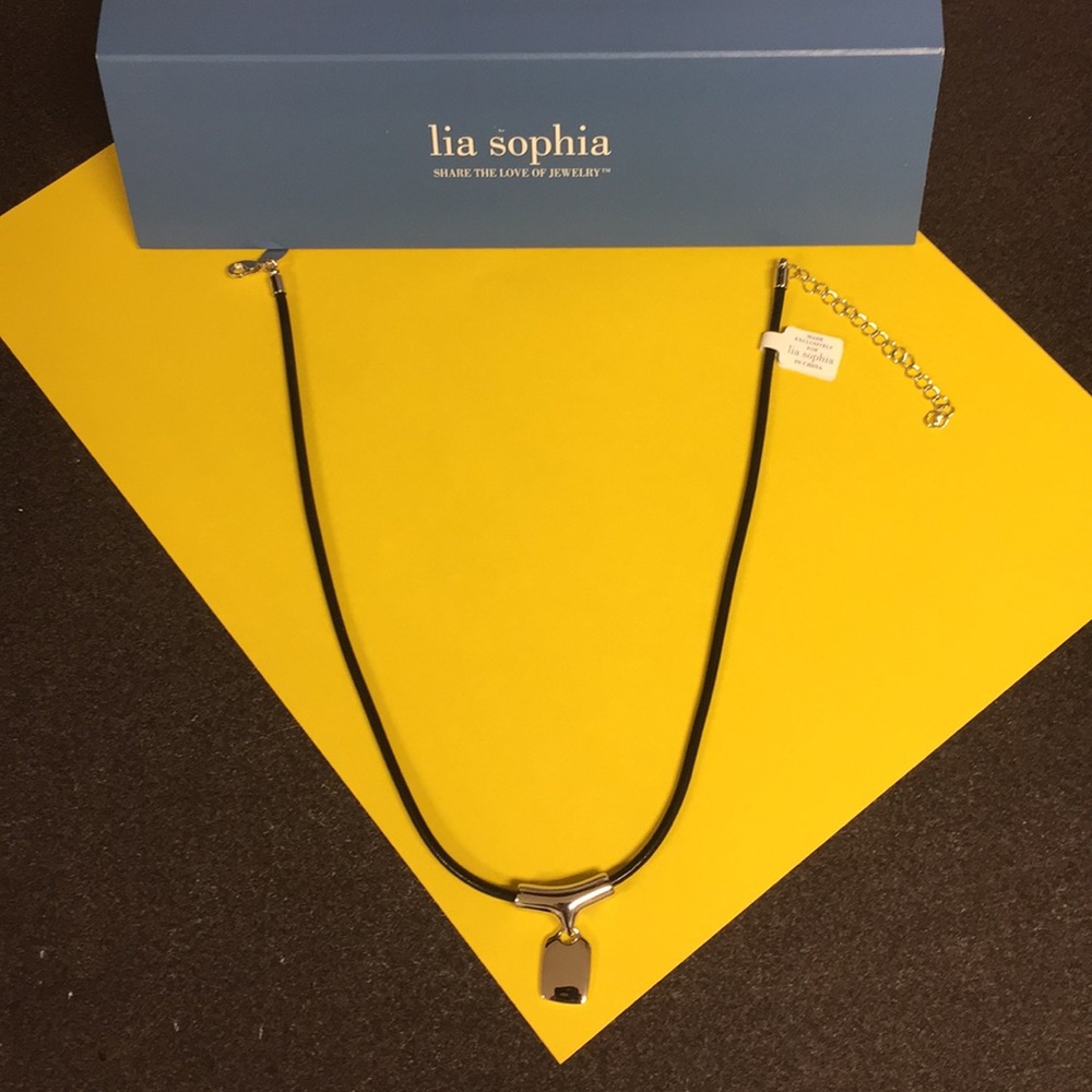 Black cord necklace with silver clasp and charm